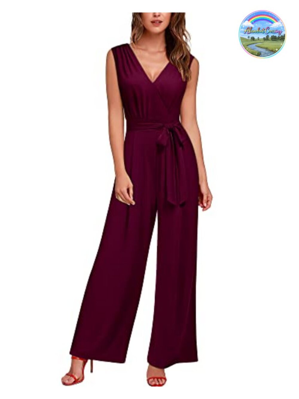 Knitee Women's Sleeveless Deep V Neck Wide Leg Jumpsuit with Belt